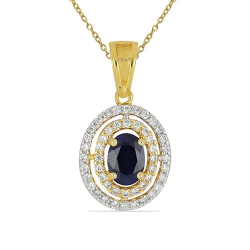 BUY 14K GOLD NATURAL BLUE SAPPHIRE GEMSTONE HALO PENDANT WITH WHITE DIAMOND